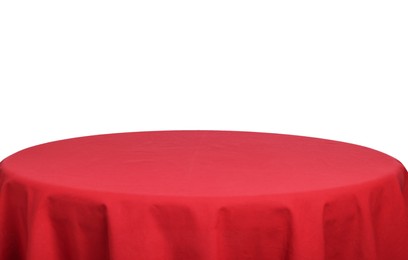 Photo of Empty table with red tablecloth isolated on white