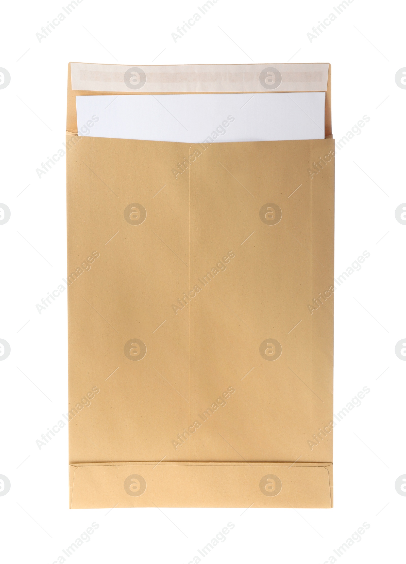 Photo of Kraft paper envelope isolated on white. Mail service