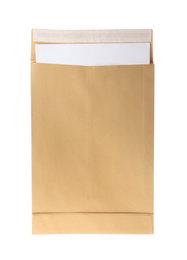 Photo of Kraft paper envelope isolated on white. Mail service