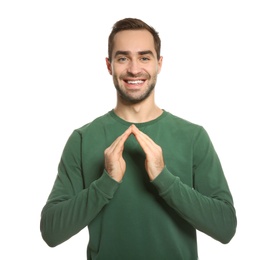 Photo of Man showing HOUSE gesture in sign language on white background