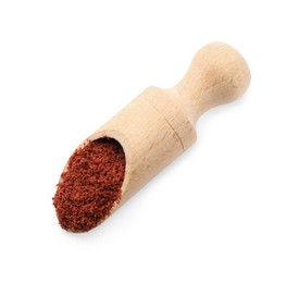 Photo of Wooden scoop with dried cranberry powder isolated on white, top view