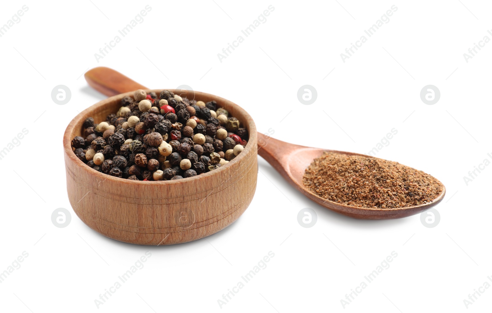 Photo of Aromatic spices. Different ground and whole peppers isolated on white