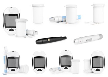 Image of  Set with digital glucometers, lancet pens and test strips on white background. Diabetes control