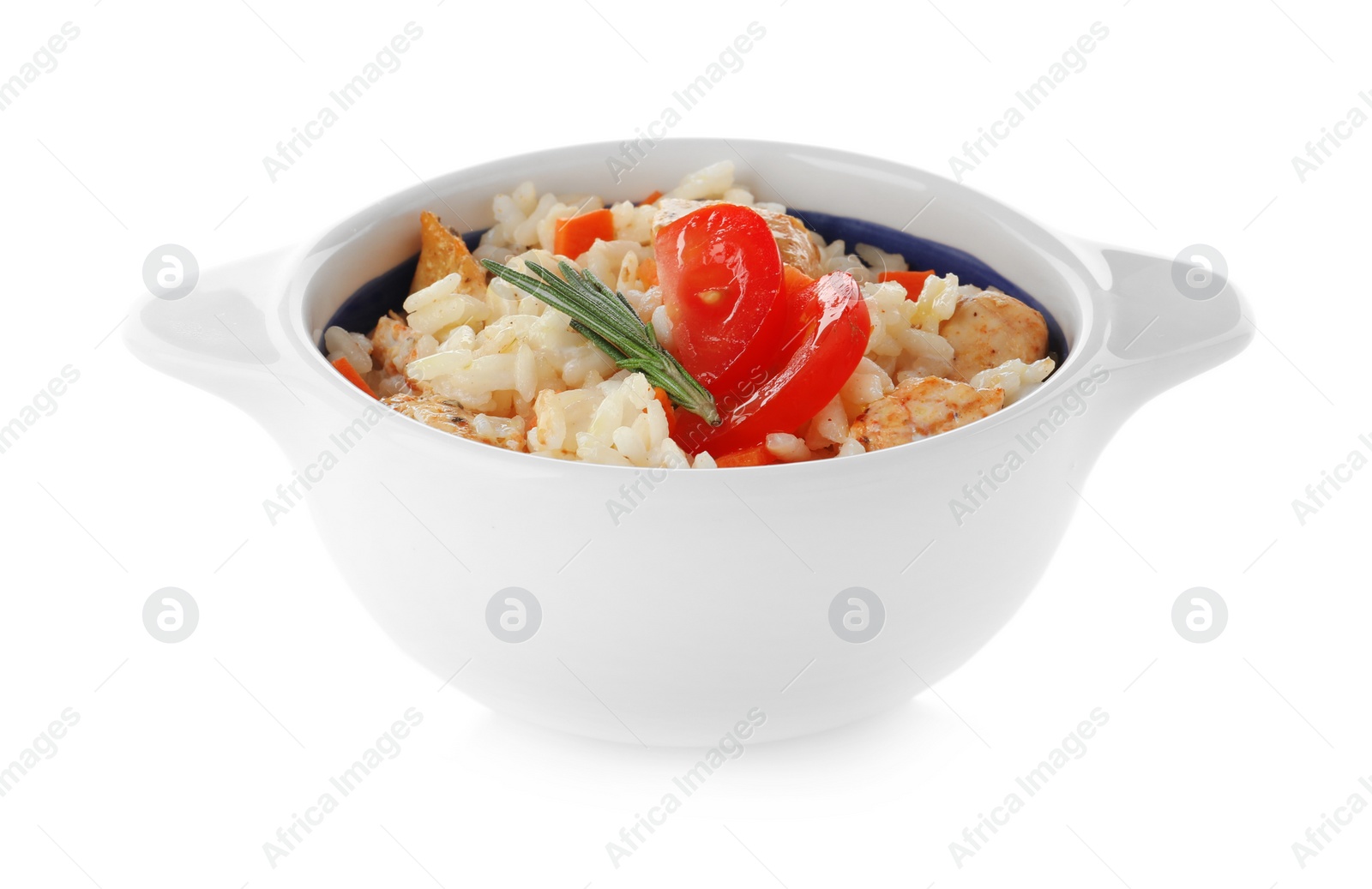 Photo of Delicious risotto with chicken isolated on white