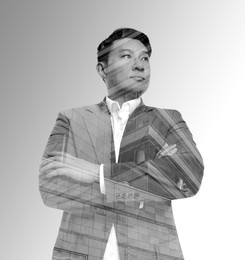 Image of Double exposure of businessman and office buildings