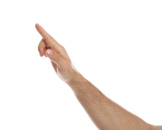 Photo of Man pointing at something on white background, closeup. Finger gesture