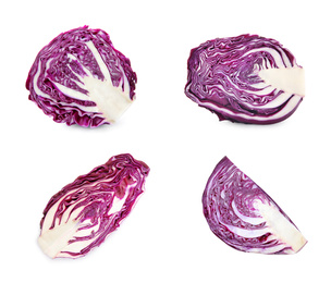 Image of Set of cut red cabbages isolated on white