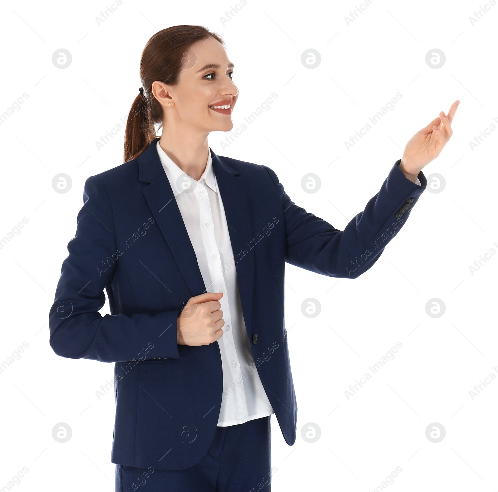 Photo of Professional business trainer showing at something on white background