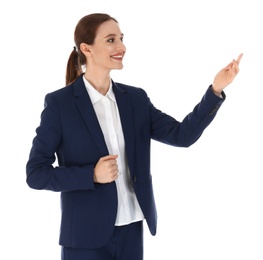 Photo of Professional business trainer showing at something on white background