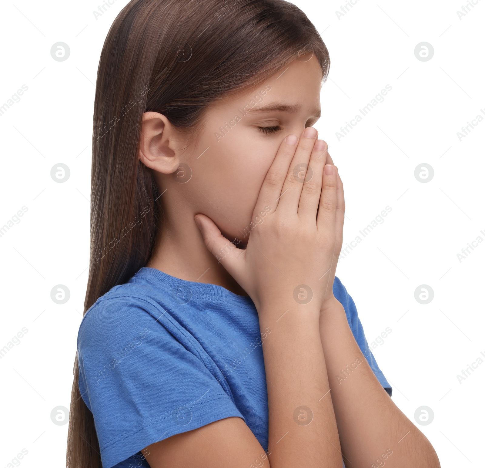 Photo of Sick girl coughing on white background. Cold symptoms