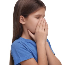 Photo of Sick girl coughing on white background. Cold symptoms