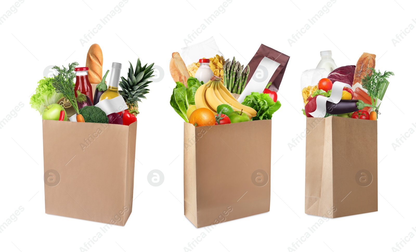 Image of Paper bags with different products and receipts isolated on white, collection