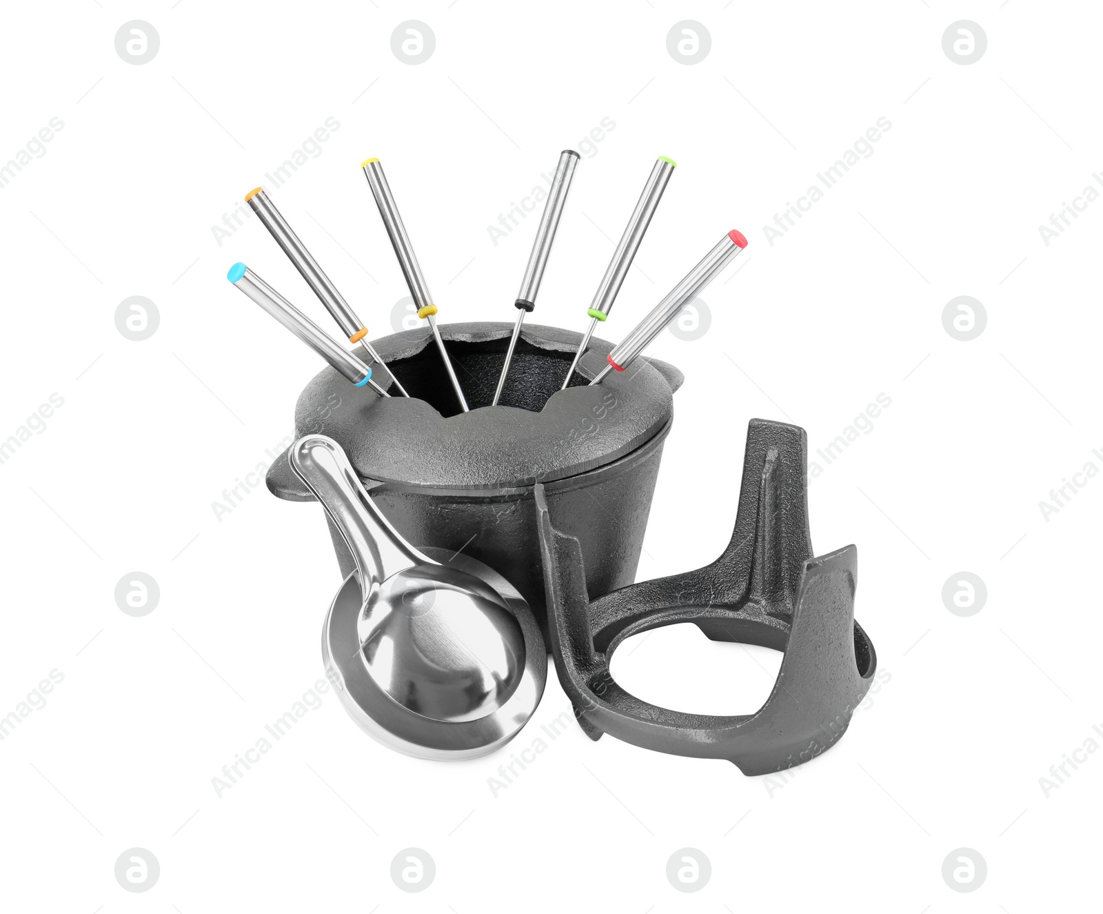 Photo of Fondue set isolated on white. Kitchen equipment