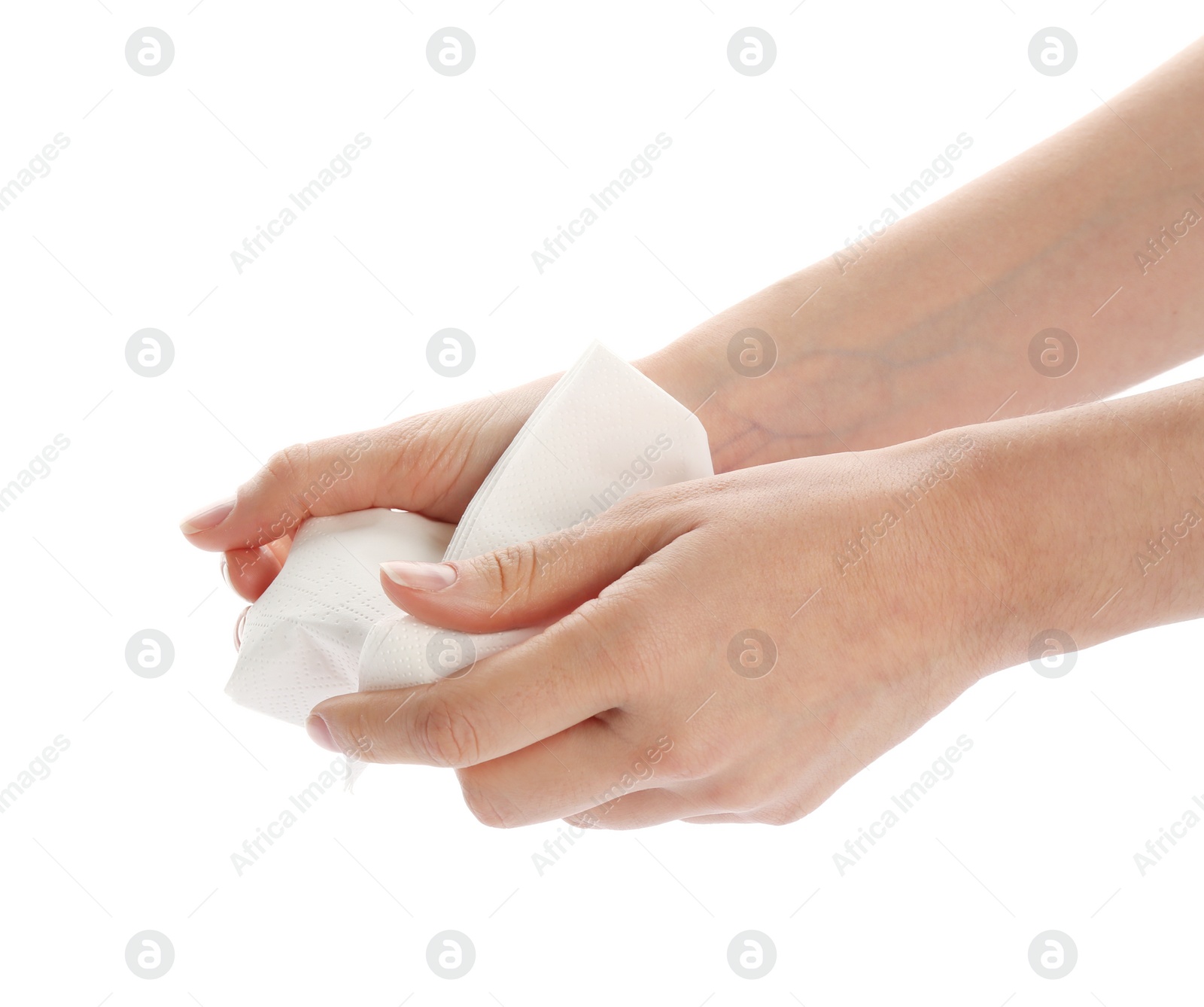 Photo of Woman wiping hands with paper napkin on white background, closeup