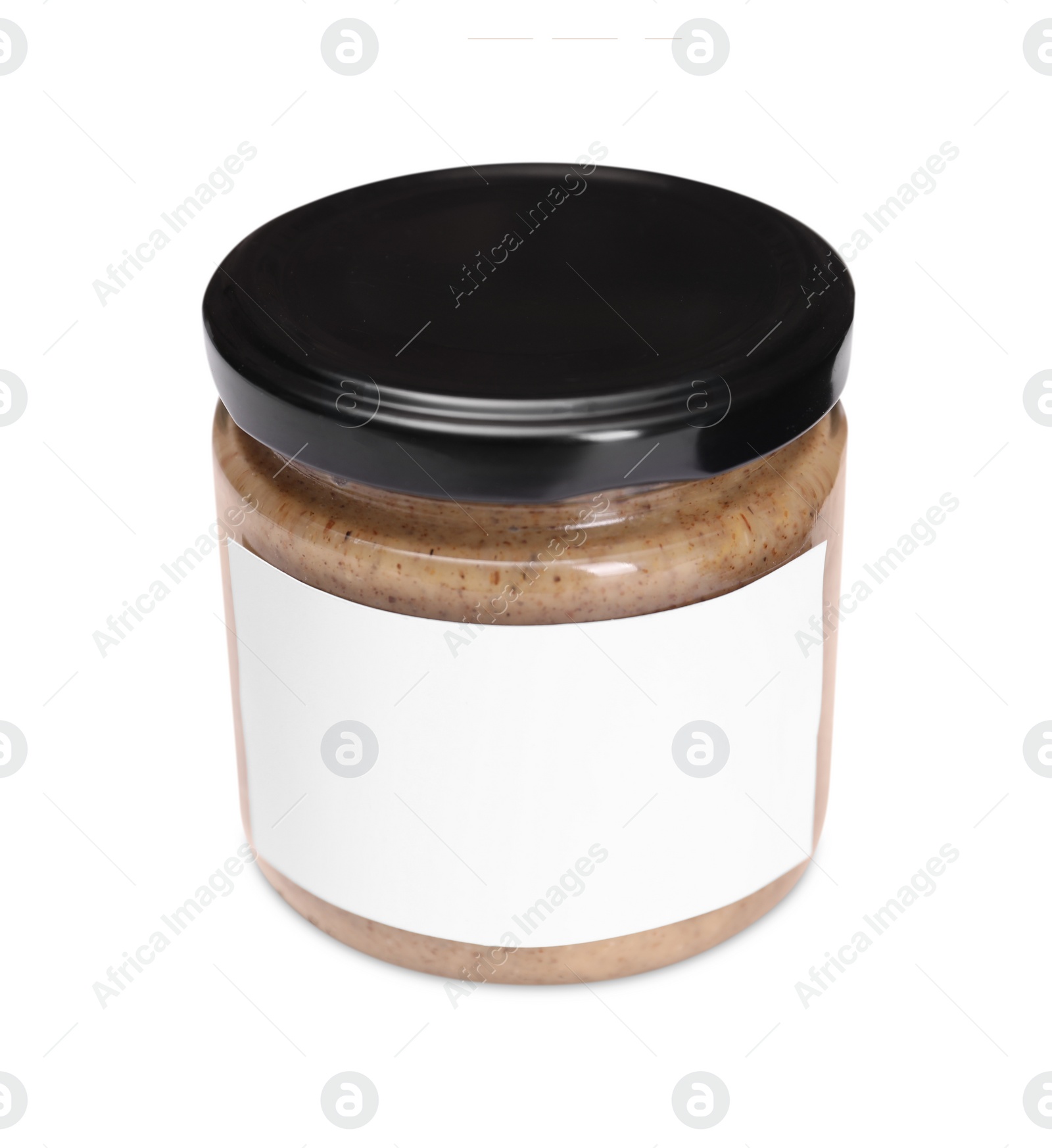 Photo of Tasty nut paste in jar isolated on white, space for text