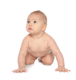 Photo of Cute little baby crawling on white background