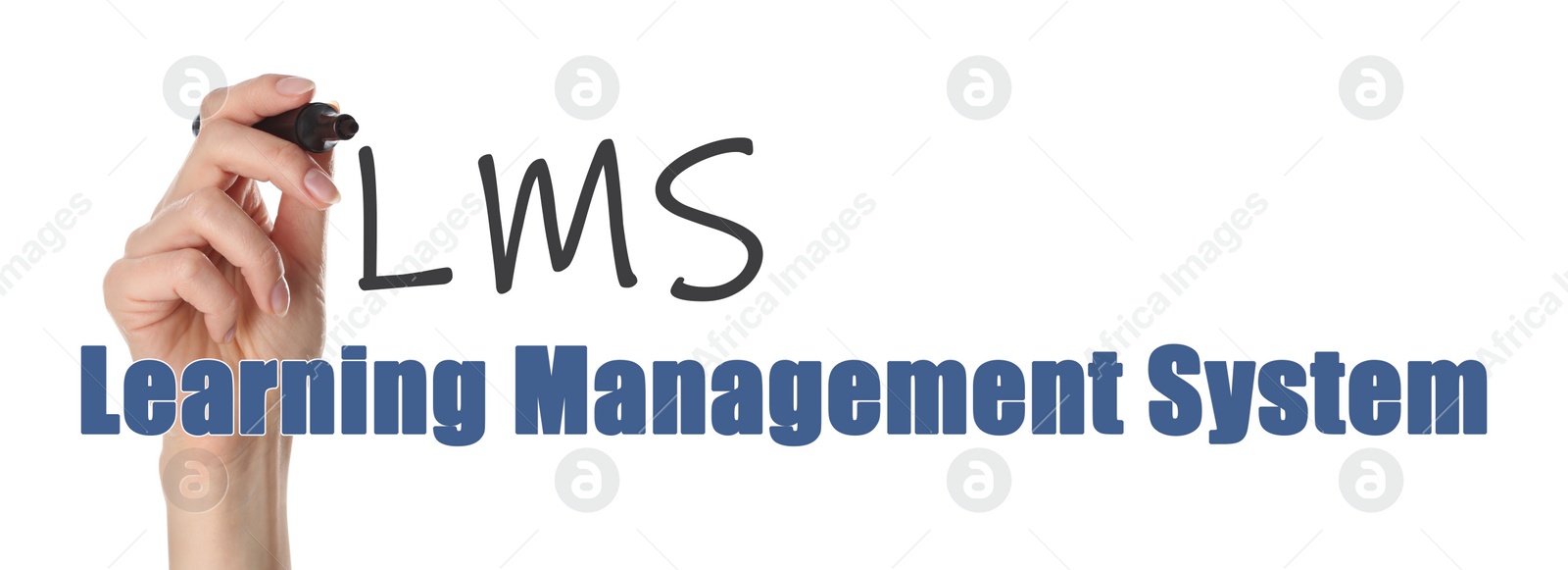 Image of Learning management system. Woman writing abbreviation LMS on glass board, closeup. White background, banner design