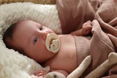 Cute newborn baby with pacifier and toy bunny lying on soft blanket, closeup
