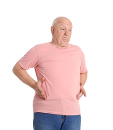 Photo of Fat senior man on white background. Weight loss