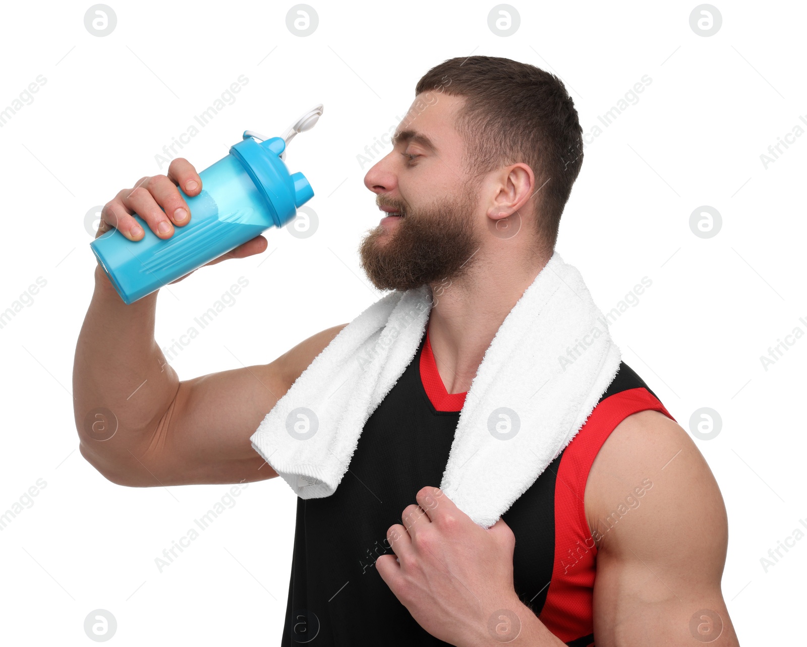 Photo of Young man with muscular body holding shaker of protein and towel on white background