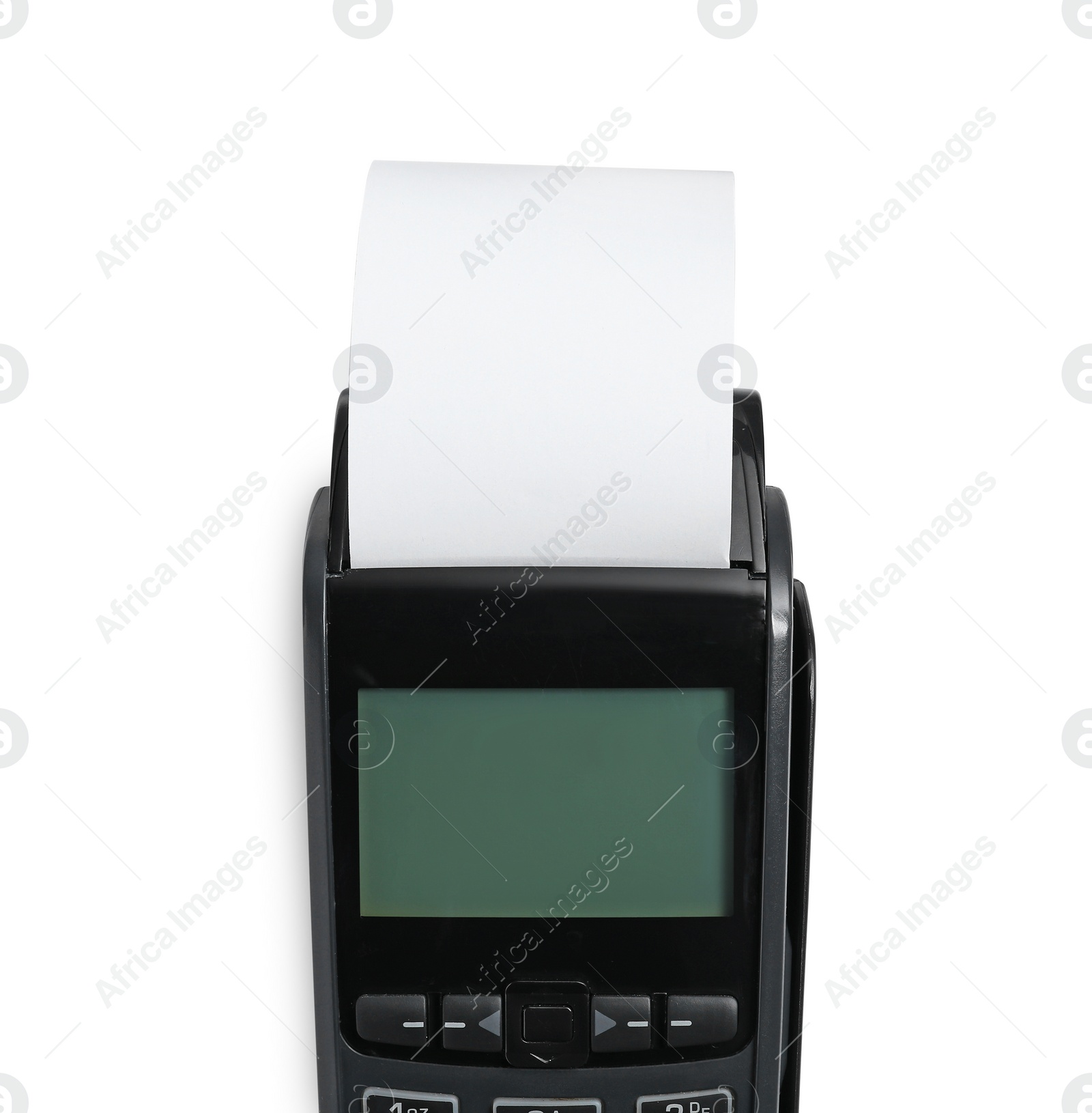 Photo of Payment terminal with thermal paper for receipt isolated on white, top view