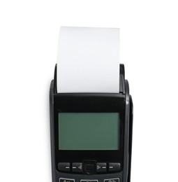 Payment terminal with thermal paper for receipt isolated on white, top view