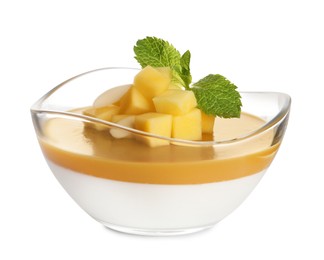 Photo of Delicious panna cotta with mango coulis isolated on white