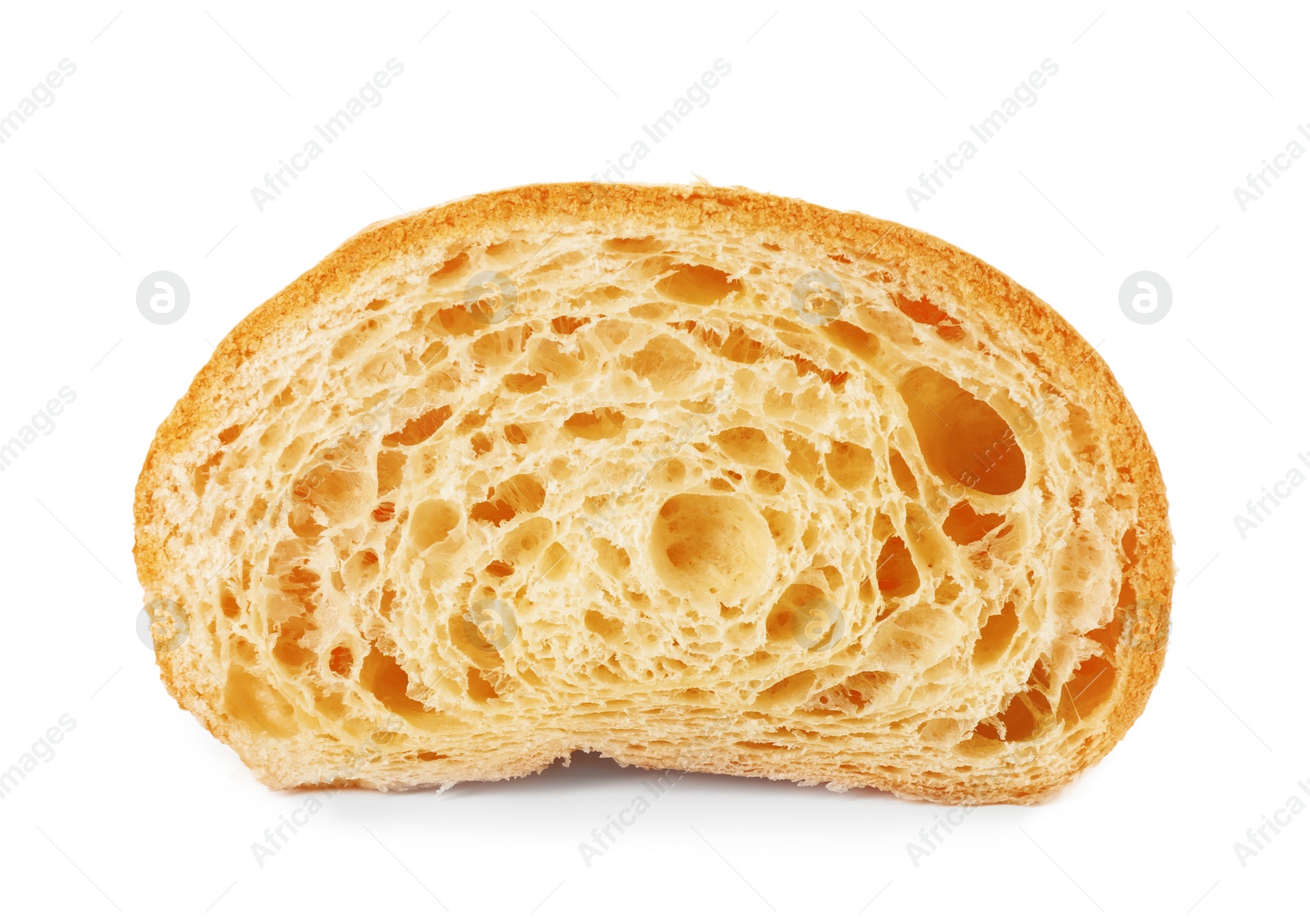 Photo of Delicious cut croissant isolated on white. Fresh pastry
