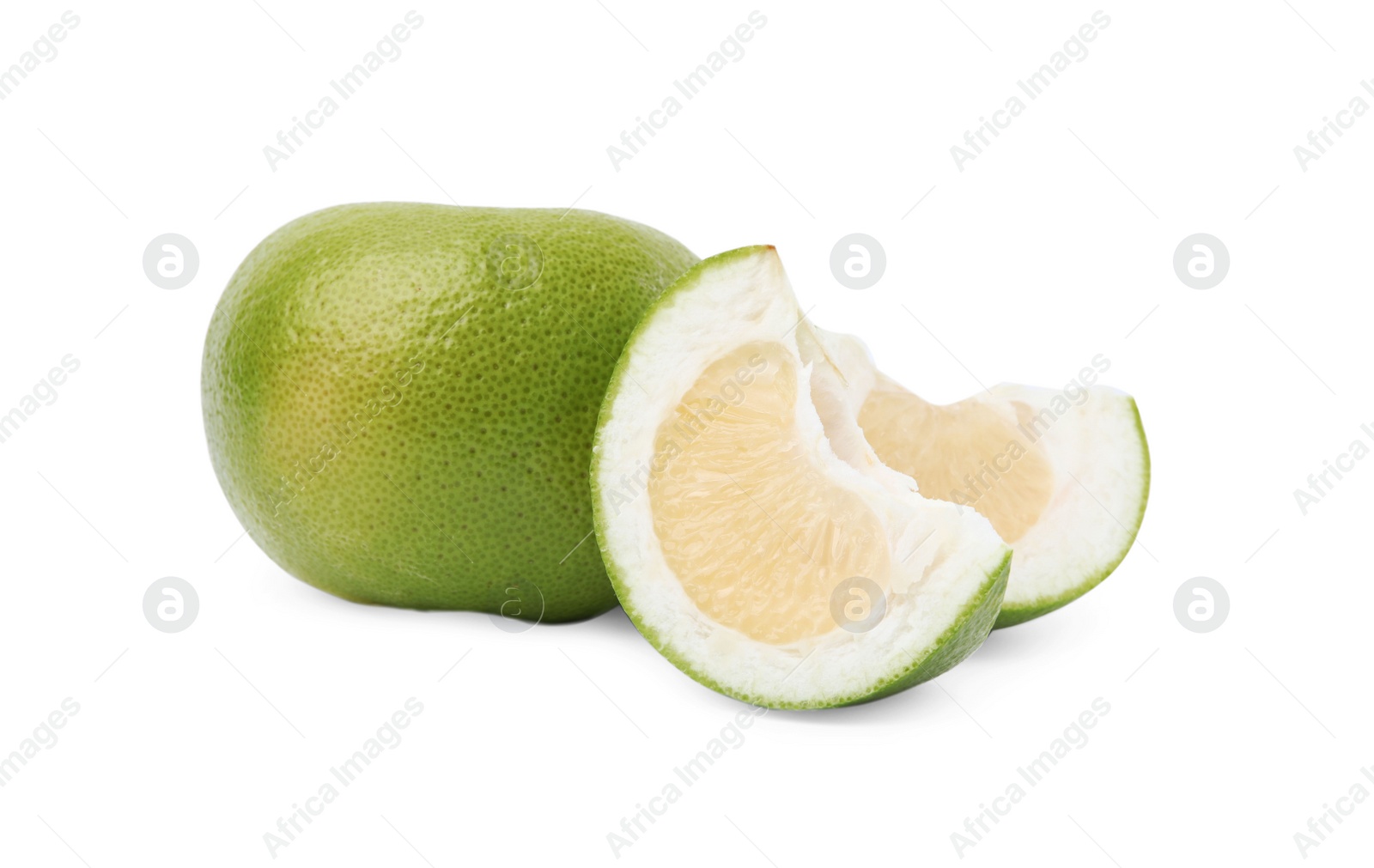 Photo of Whole and cut sweetie fruits on white background