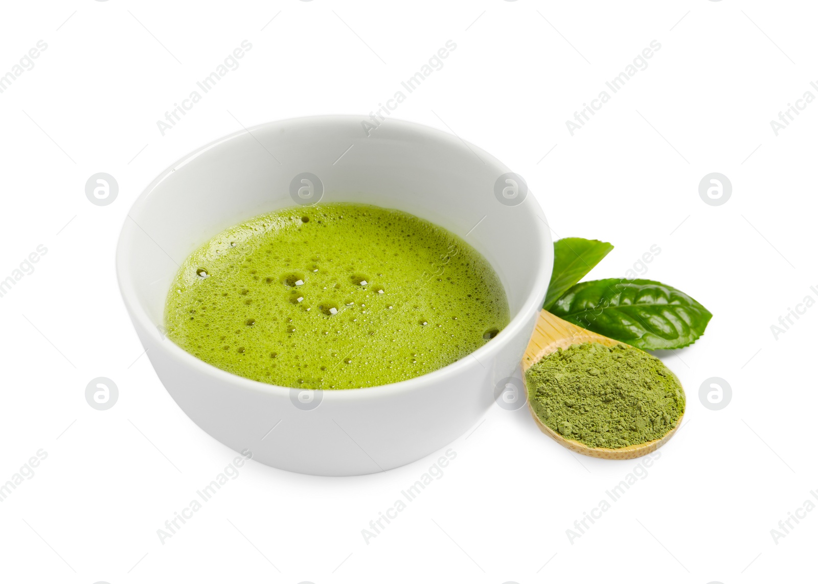 Photo of Cup of fresh matcha tea, green powder and leaves isolated on white