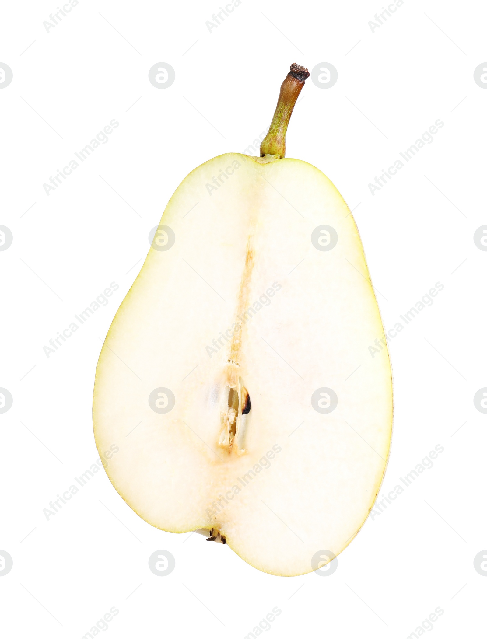 Photo of Half of ripe pear on white background