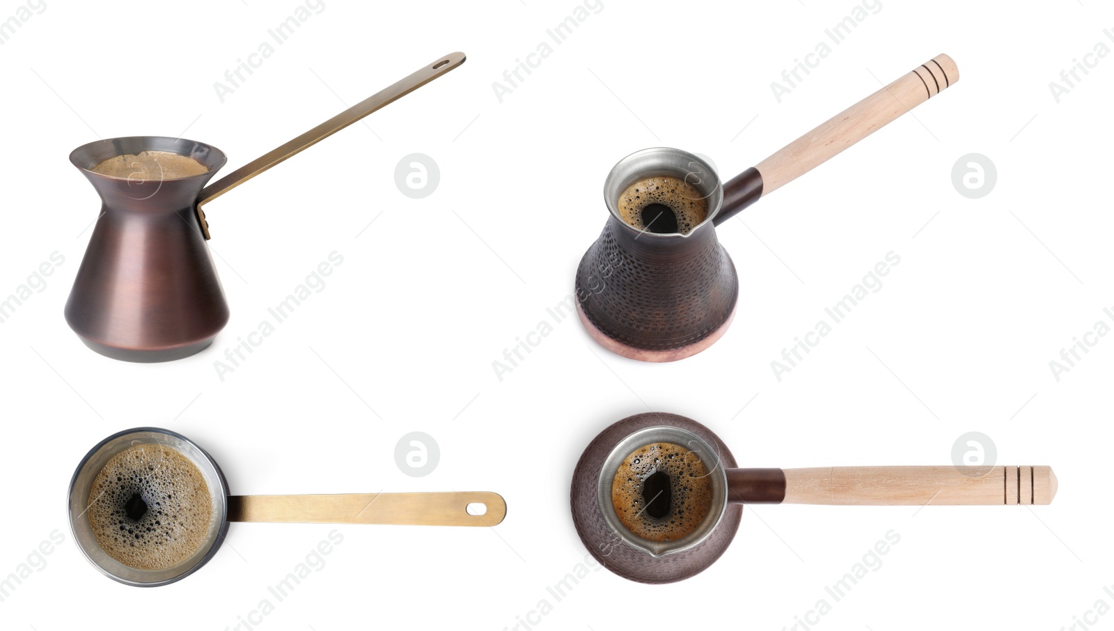 Image of Set with turkish coffee pots (cezve) with hot coffee on white background