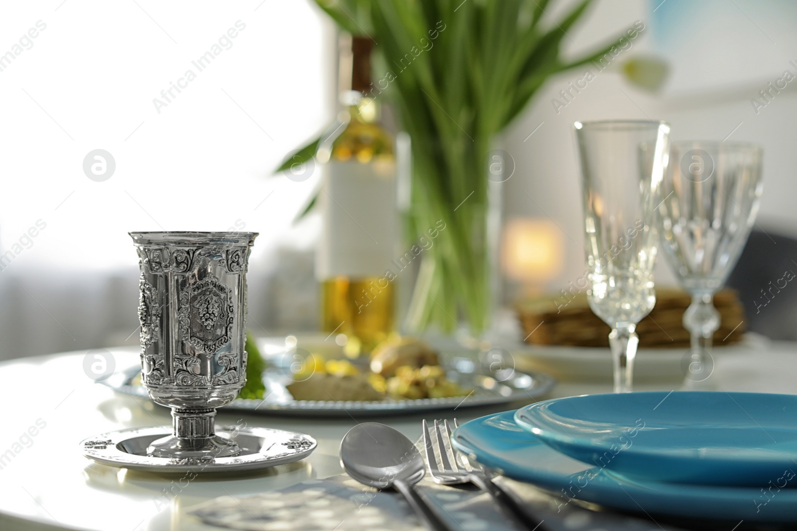 Photo of Table served for Passover (Pesach) Seder indoors