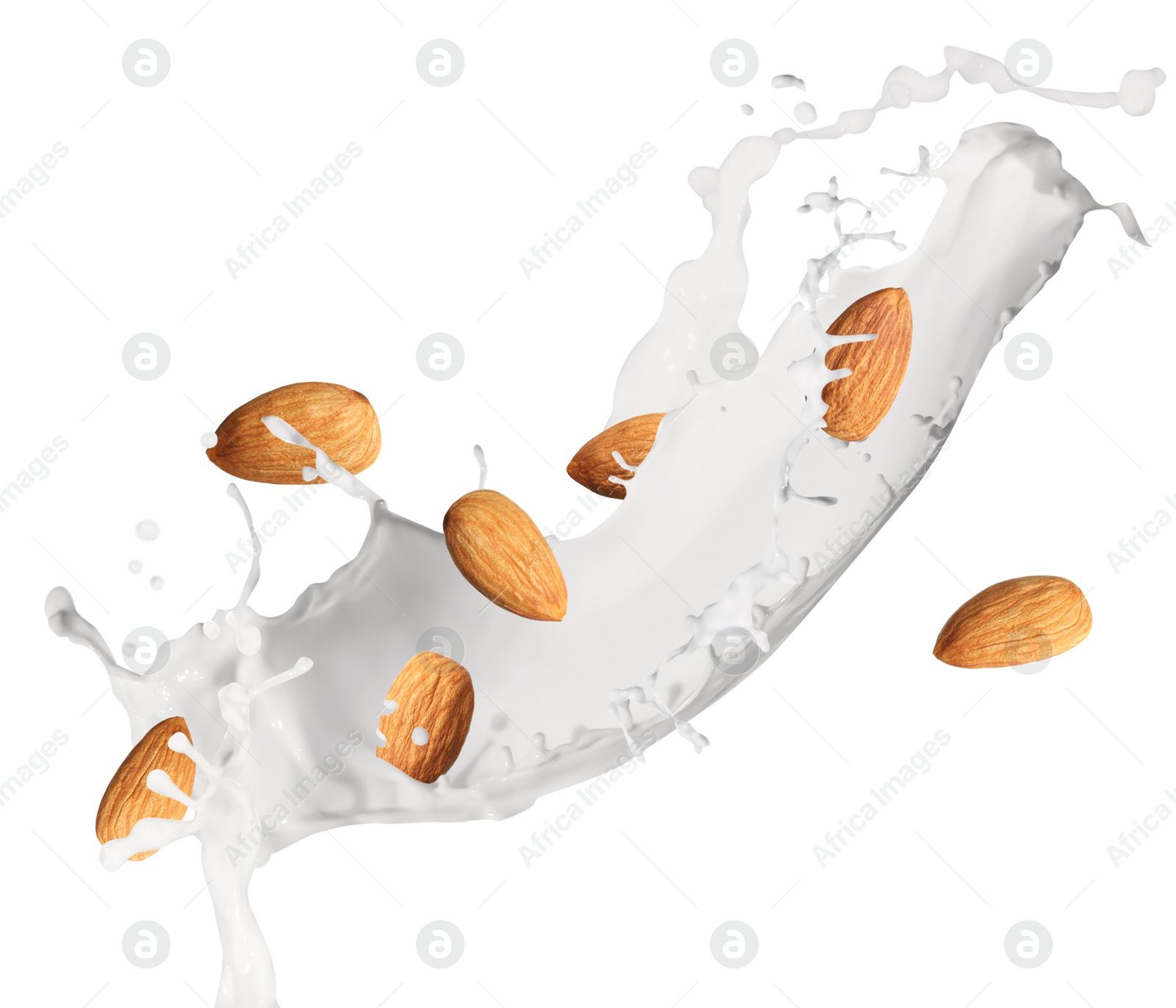 Image of Delicious almond milk and nuts on white background