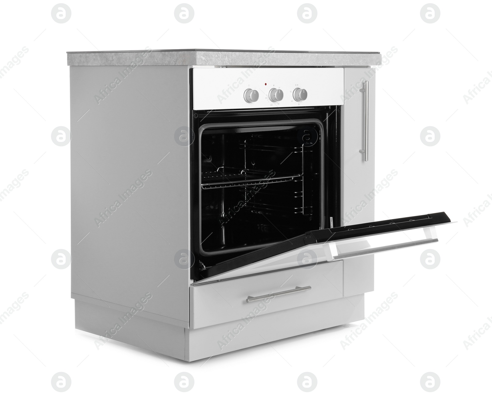 Photo of Open modern electric oven on white background. Kitchen appliance