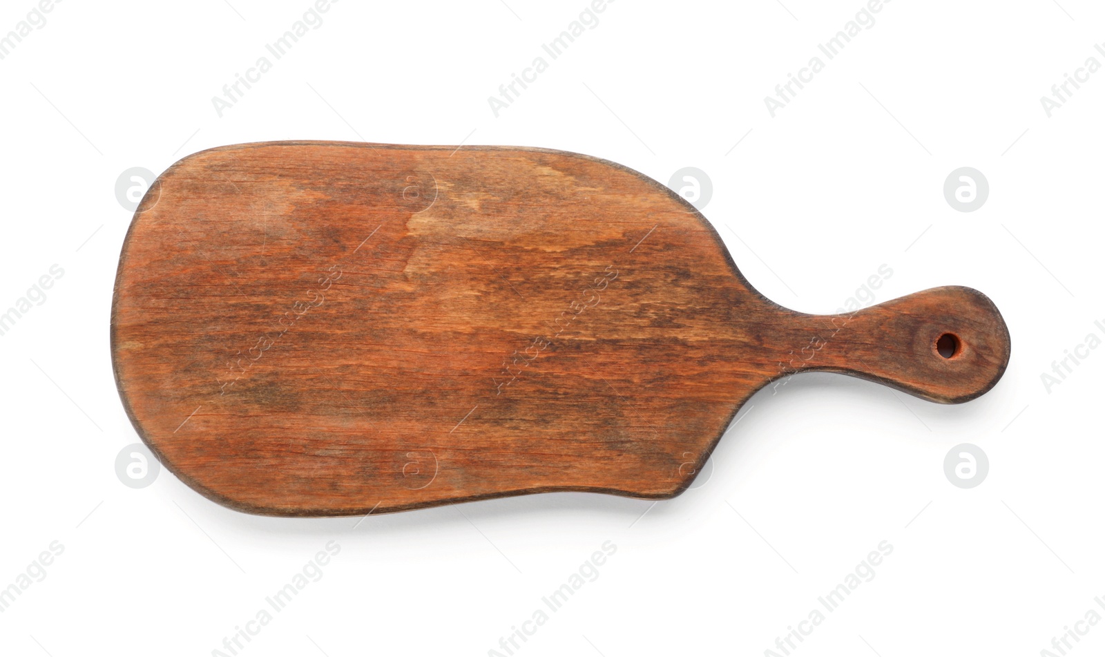 Photo of Wooden board on white background, top view. Kitchen accessory