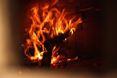 Oven with burning firewood in restaurant kitchen