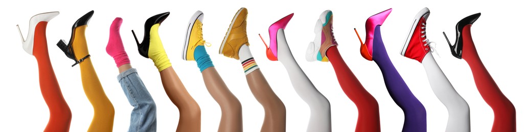 Image of Collage with photos of women showing fashionable collections of stylish shoes, tights and socks on white background, closeup view of legs. Banner design