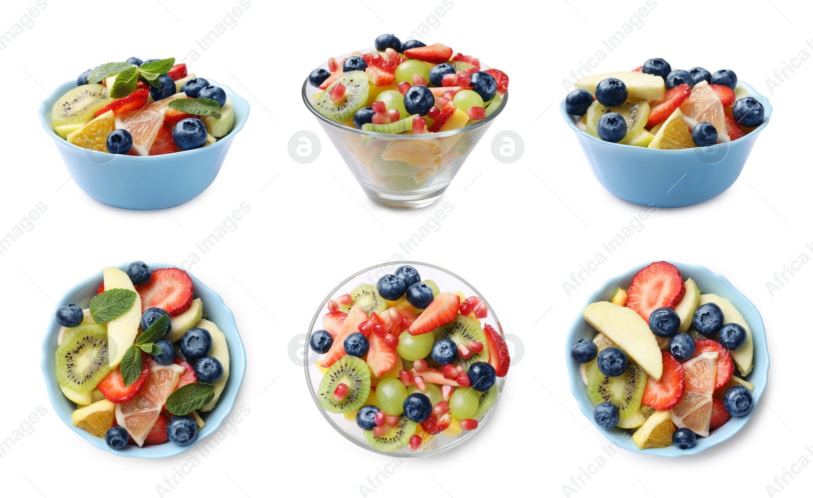 Image of Delicious fruit salads in bowls isolated on white, top and side views