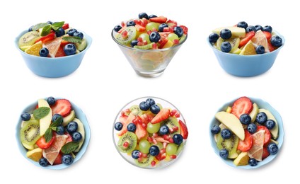 Delicious fruit salads in bowls isolated on white, top and side views