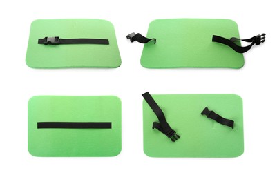 Set with green foam tourist seat mats on white background 