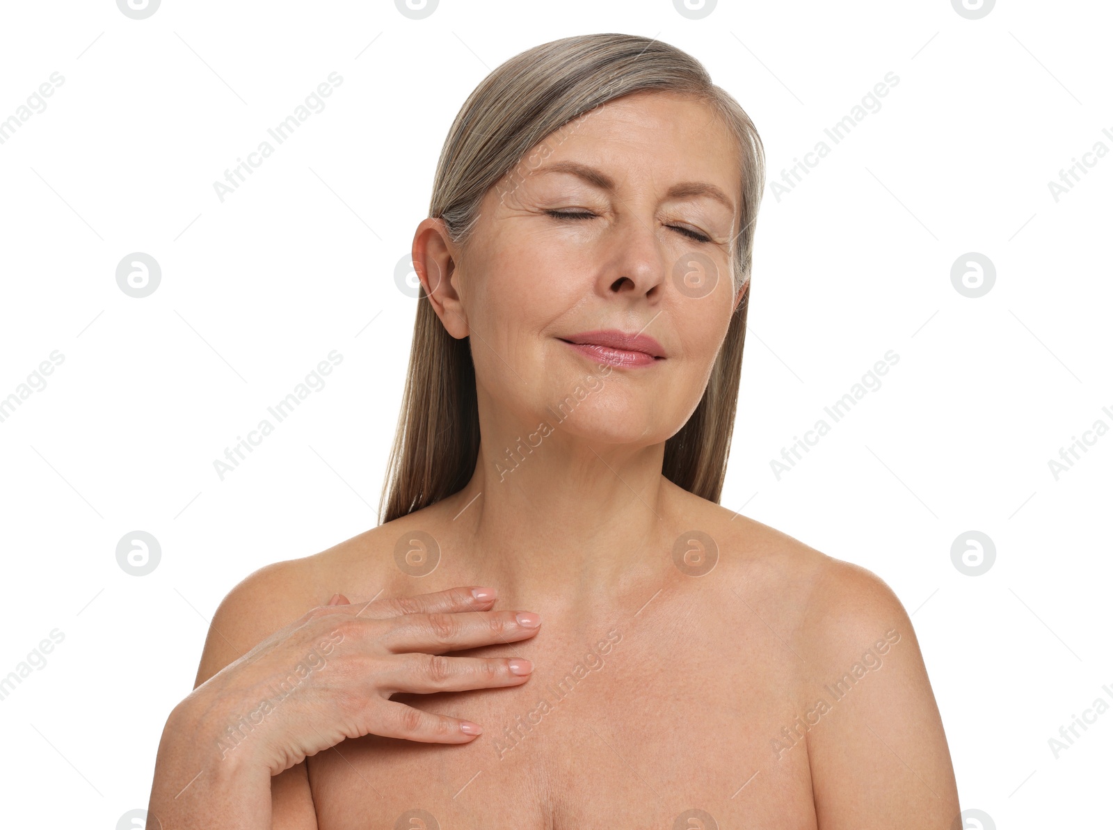 Photo of Beautiful woman with healthy skin on white background