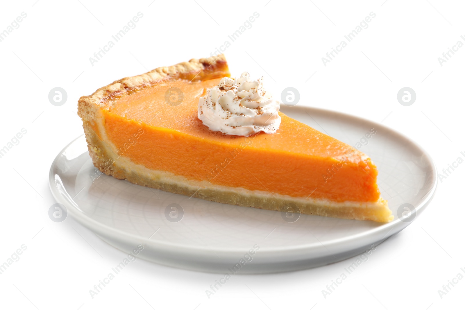 Photo of Plate with piece of fresh delicious homemade pumpkin pie on white background