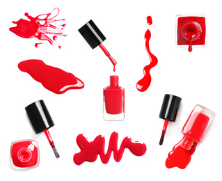 Collage of red nail polish on white background, top view