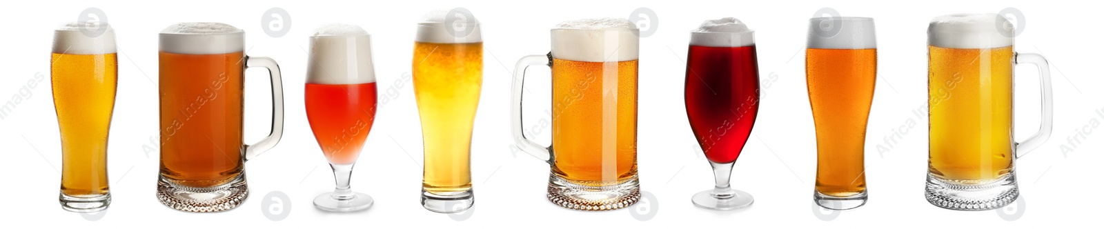 Image of Set with cold tasty beer on white background. Banner design