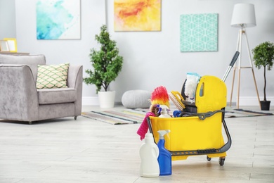 Set of cleaning supplies on floor indoors