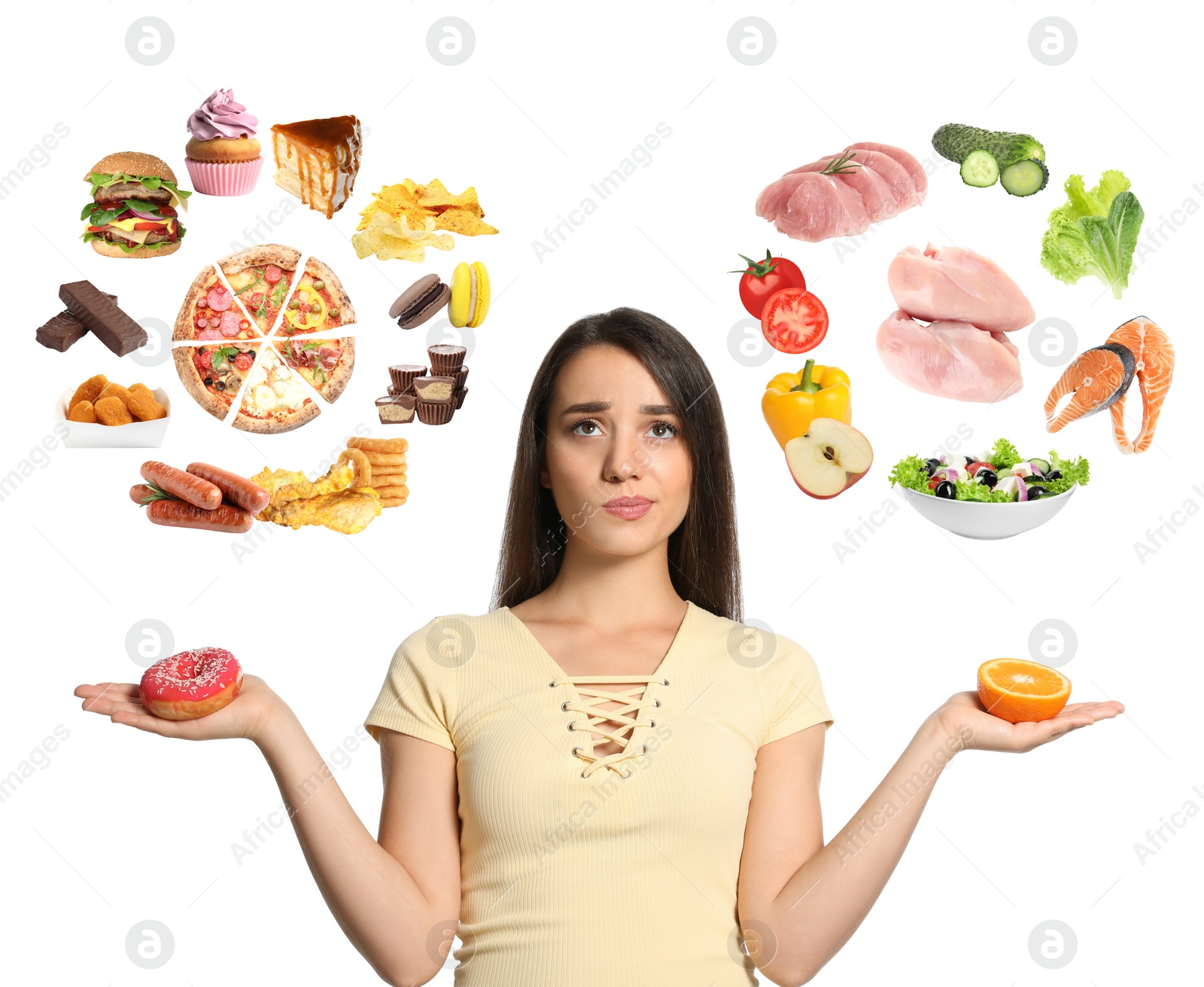 Image of Doubtful woman choosing between between healthy and unhealthy food on white background