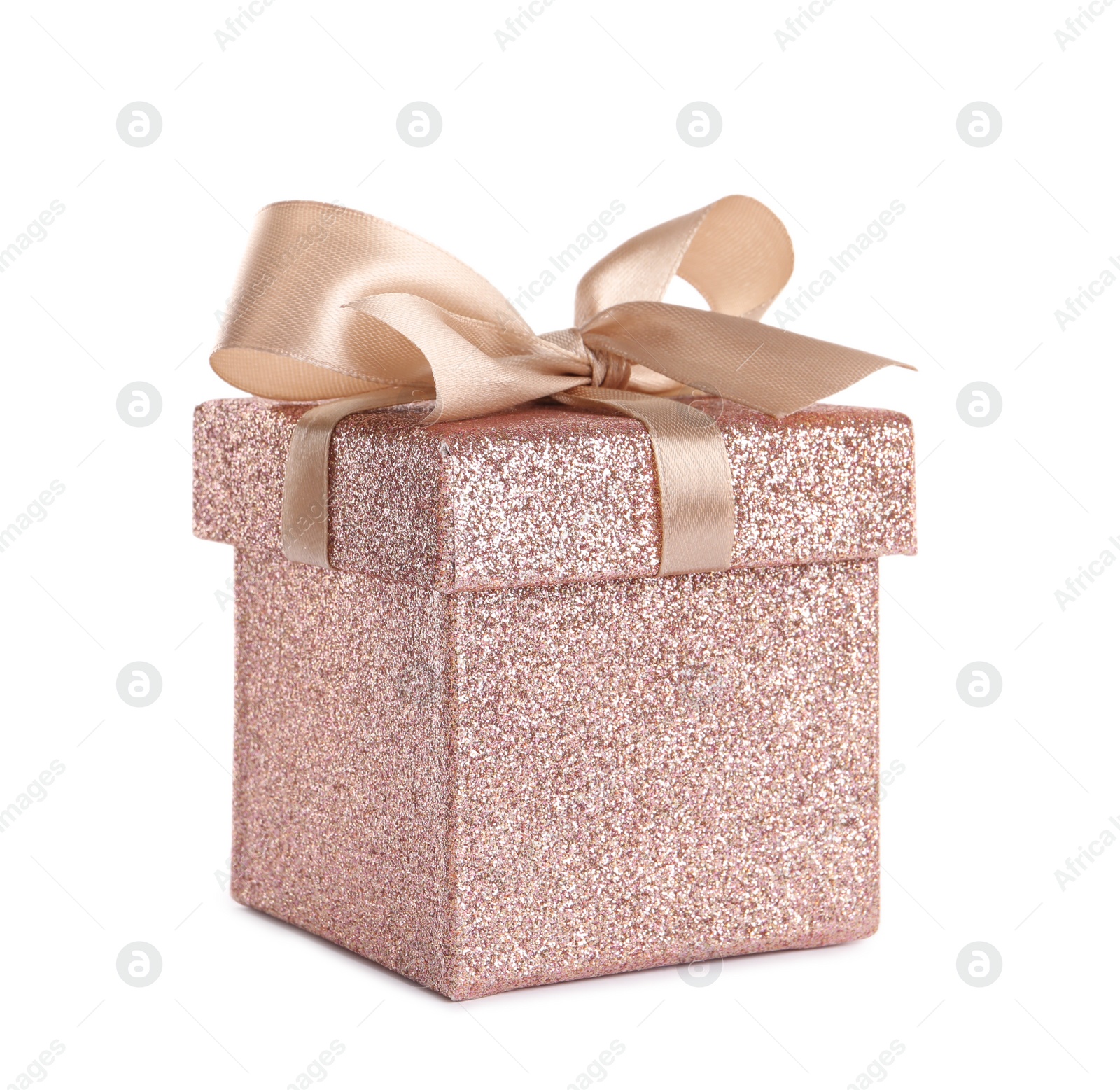 Photo of Shiny gift box with golden bow on white background