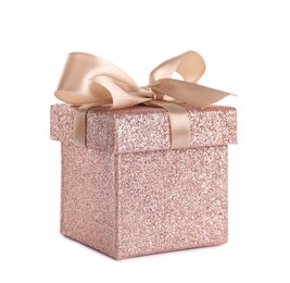 Photo of Shiny gift box with golden bow on white background