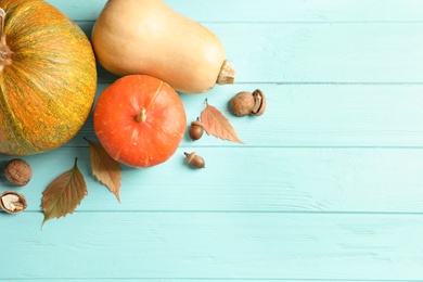 Photo of Different pumpkins on wooden background, flat lay composition with space for text. Autumn holidays